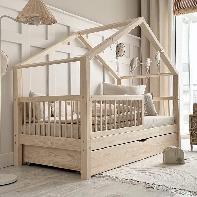 Lit cabane 90x190 barrière sommier et tiroir inclus Rosalie Bois - vue 5
