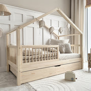 Lit cabane 90x190 barrière sommier et tiroir inclus Rosalie Bois