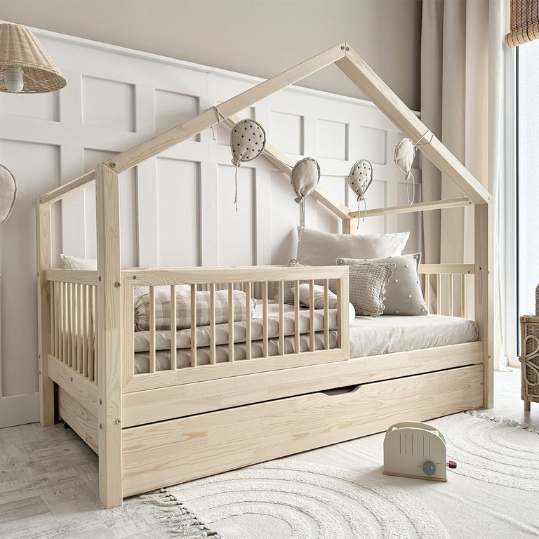 Lit cabane 90x190 barrière sommier et tiroir inclus Rosalie Bois