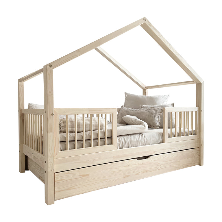 Lit cabane 90x190 barrières sommier et tiroir inclus Rosalie Bois - vue 2