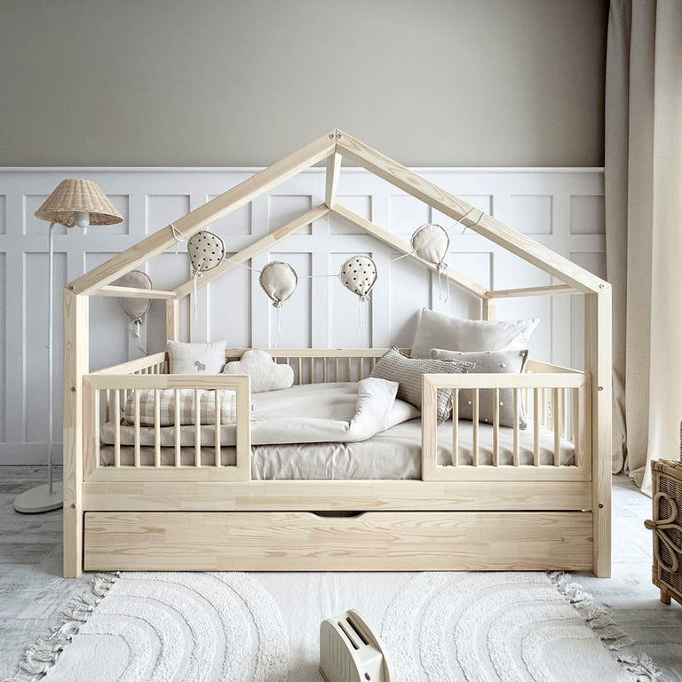 Lit cabane 90x190 barrières sommier et tiroir inclus Rosalie Bois - vue 3