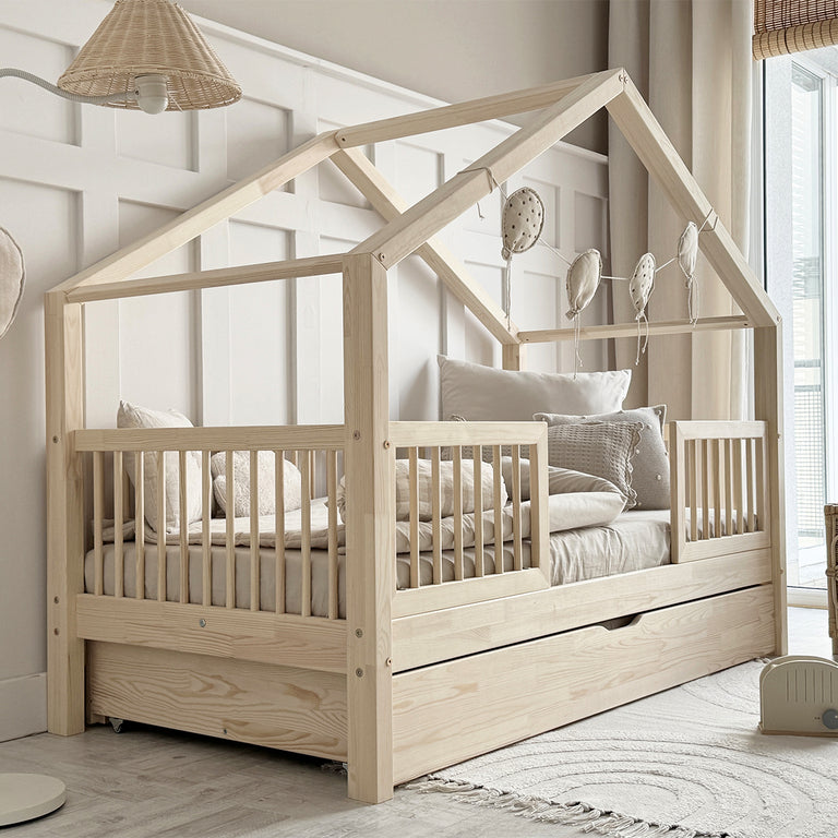 Lit cabane 90x200 barrières sommier et tiroir inclus Rosalie Bois - vue 5