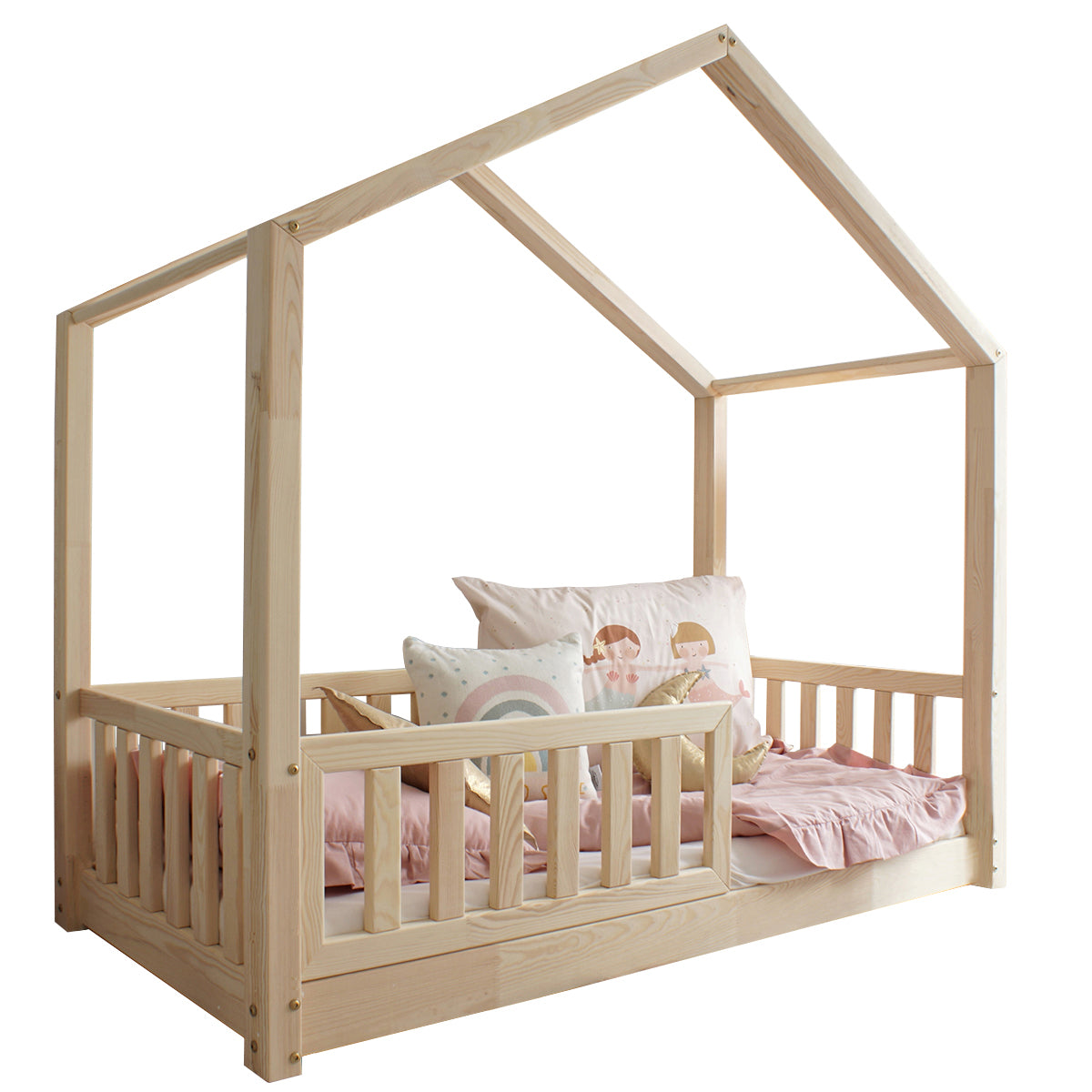 Lit cabane 90x190 barrière et sommier inclus pieds 1 cm Roxane Bois - vue 2