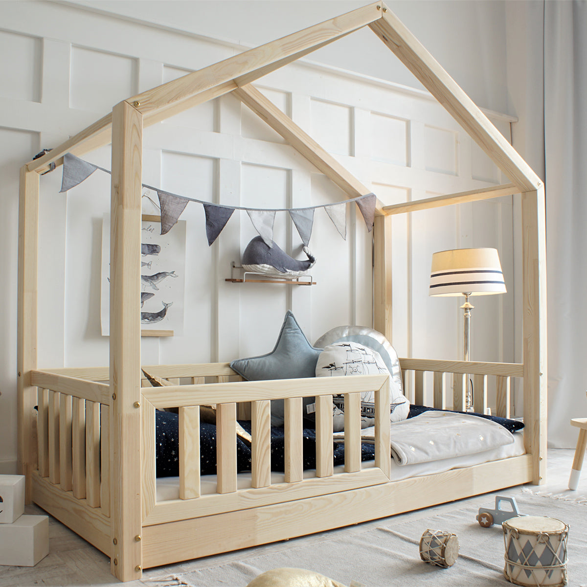 Lit cabane 90x190 barrière et sommier inclus pieds 1 cm Roxane Bois - vue 4