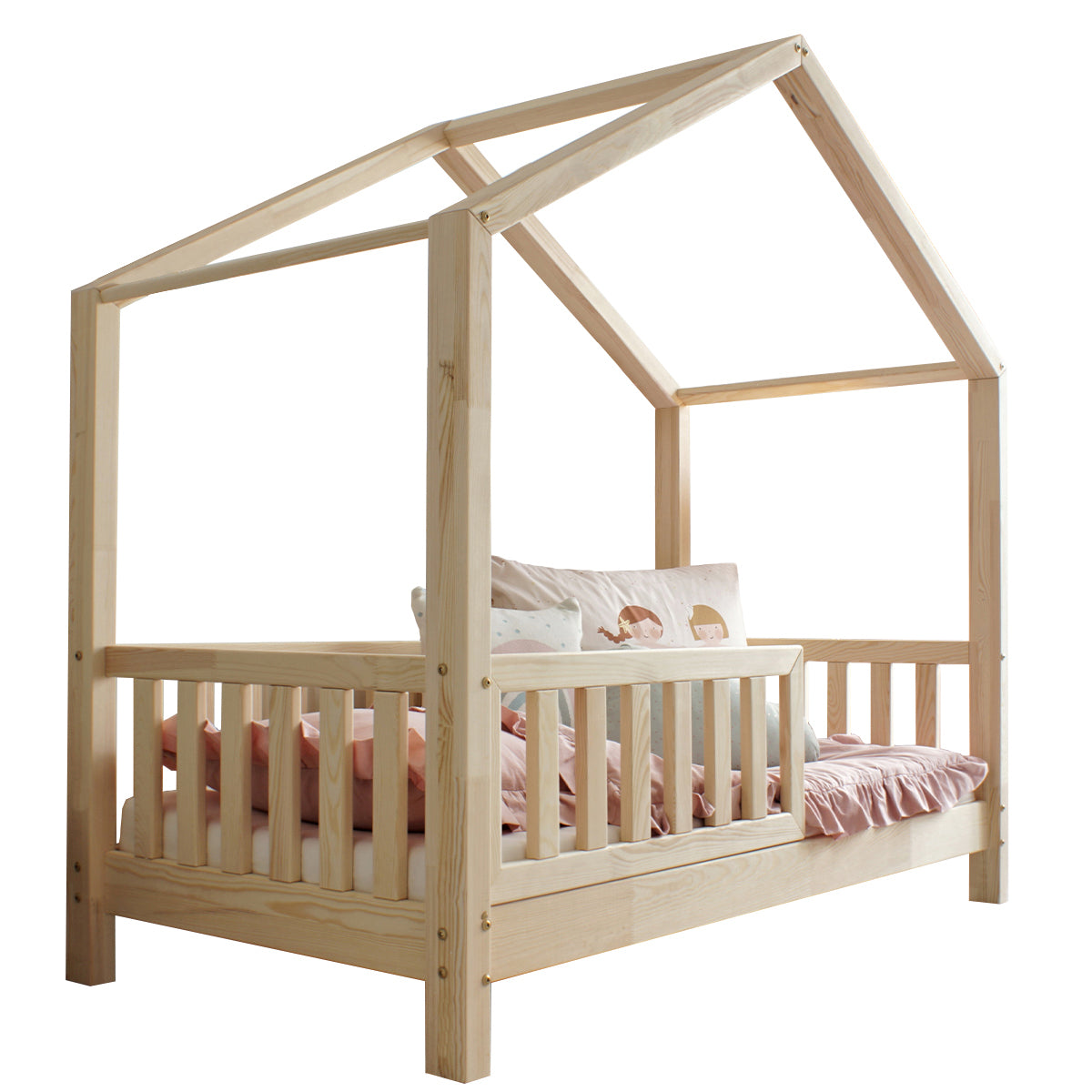 Lit cabane 90x200 barrière et sommier inclus pieds 10 cm Roxane Bois - vue 2