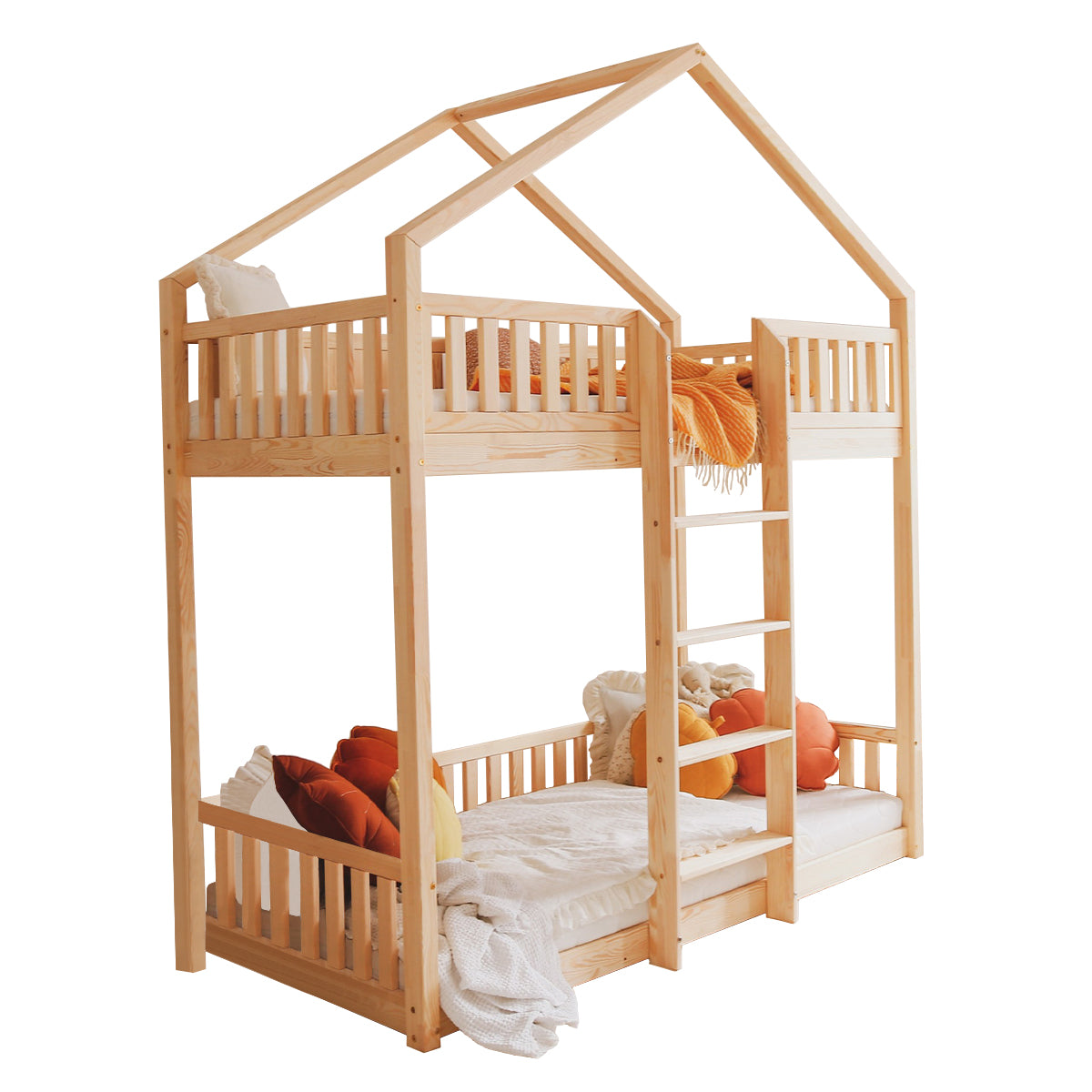 Lit cabane superposé 90x190 barrière et sommier inclus pieds 1 cm Roxane Bois - vue 2
