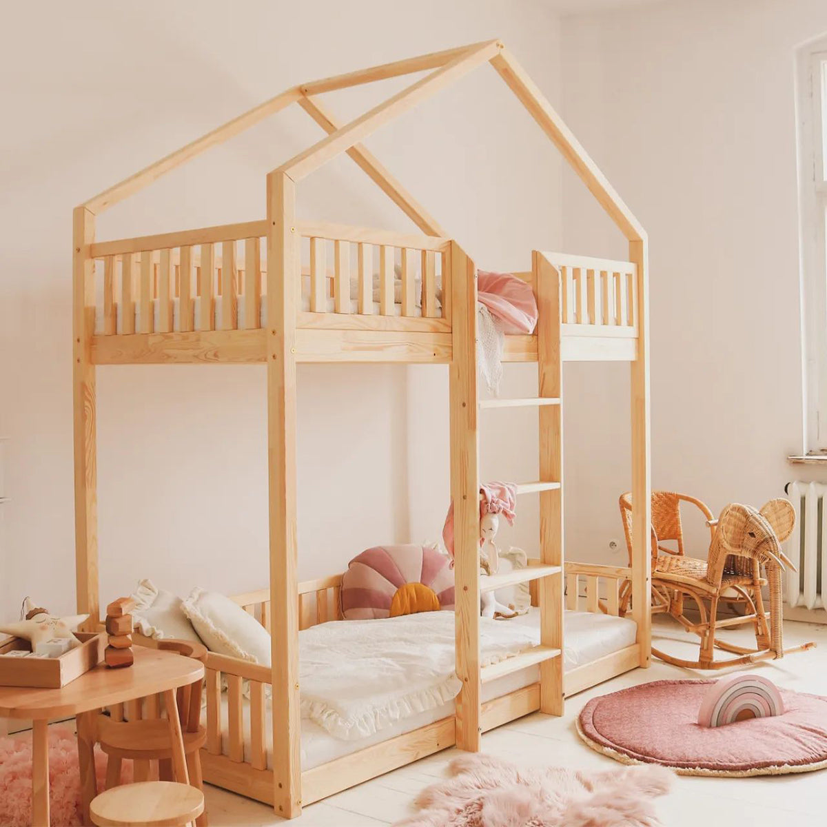 Lit cabane superposé 90x190 barrière et sommier inclus pieds 1 cm Roxane Bois - vue 3