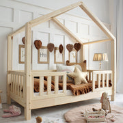 Lit cabane 90x190 barrières et sommier inclus pieds 10 cm Roxane Bois