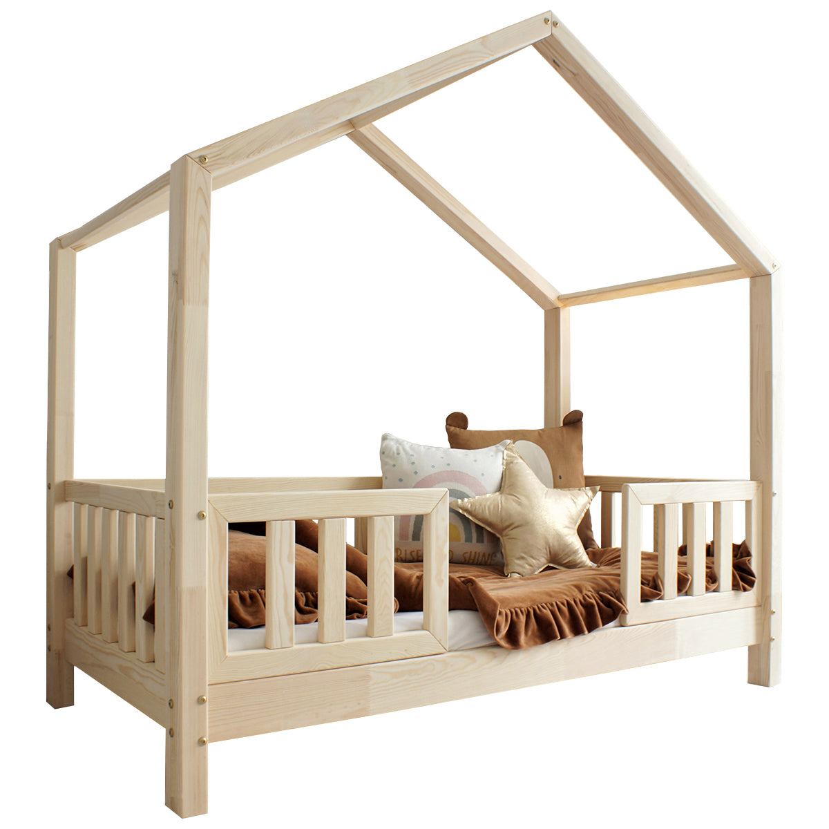 Lit cabane 90x190 barrières et sommier inclus pieds 10 cm Roxane Bois - vue 2