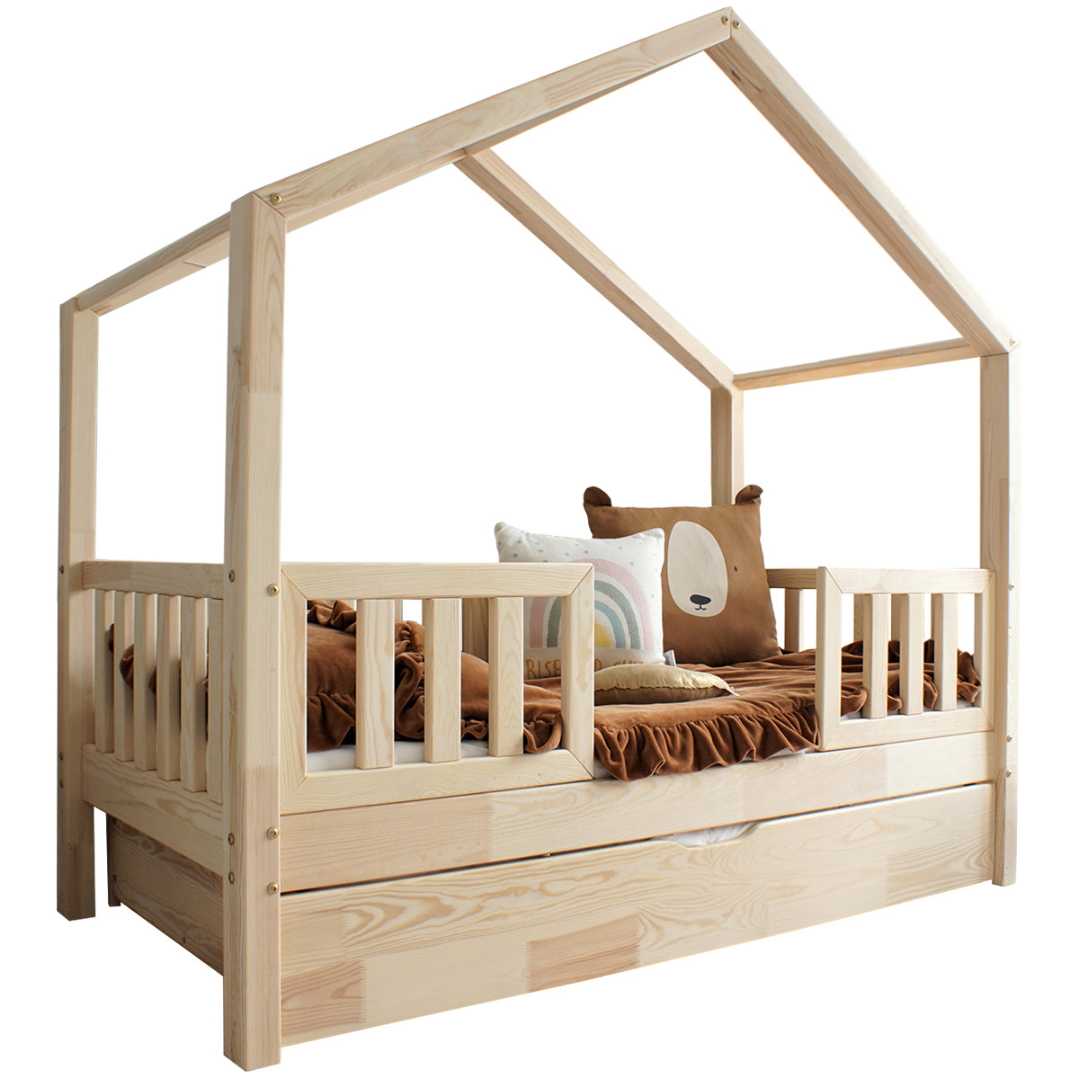 Lit cabane 90x190 barrières sommier et tiroir inclus Roxane Bois - vue 2