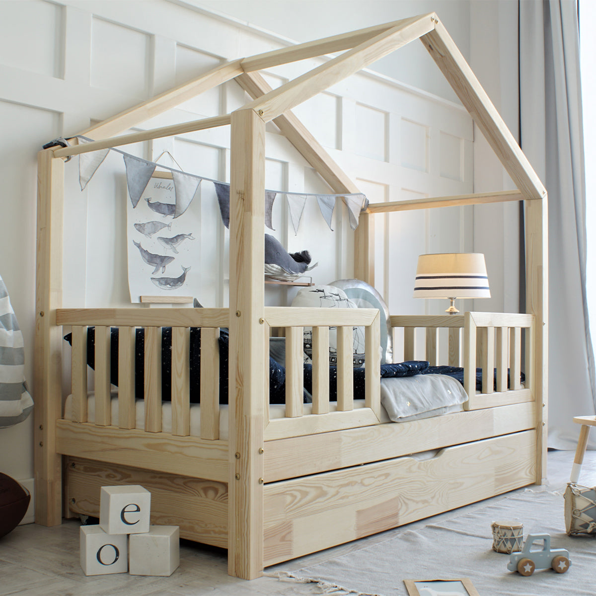 Lit cabane 90x190 barrières sommier et tiroir inclus Roxane Bois - vue 4