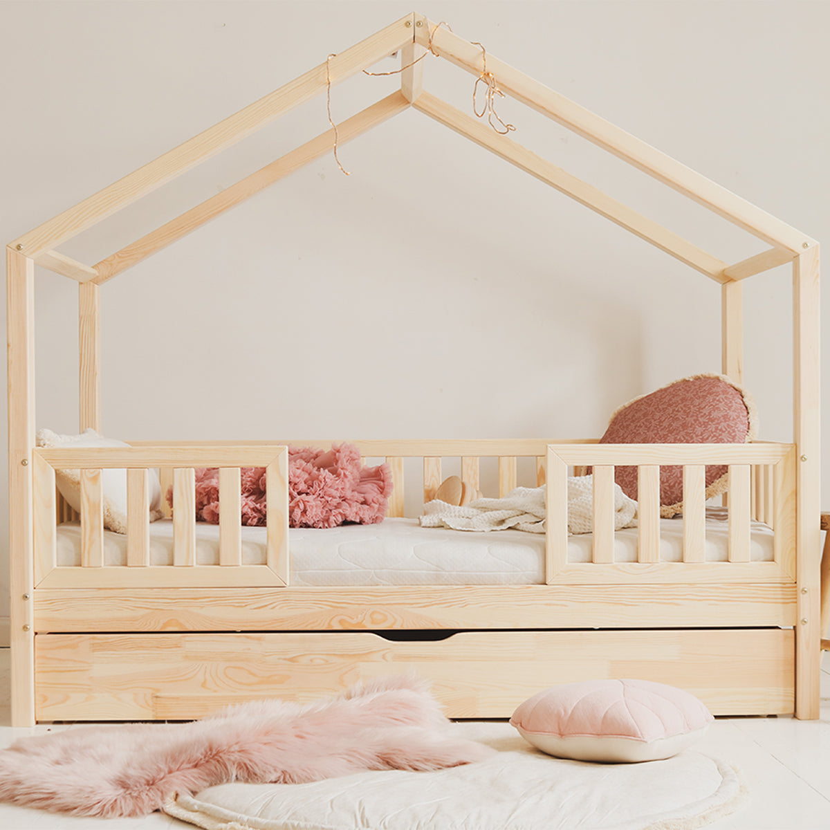 Lit cabane 90x190 barrières sommier et tiroir inclus Roxane Bois - vue 5