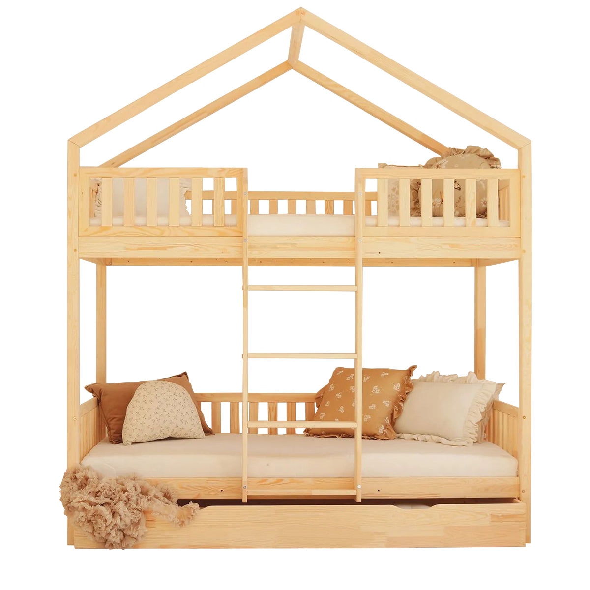 Lit cabane superposé 90x190 barrière sommier et tiroir inclus Roxane Bois - vue 2
