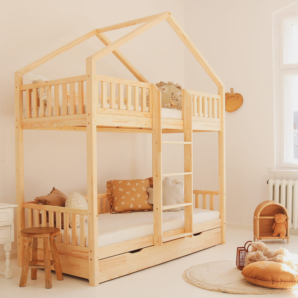 Lit cabane superposé 90x190 barrière sommier et tiroir inclus Roxane Bois - vue 3