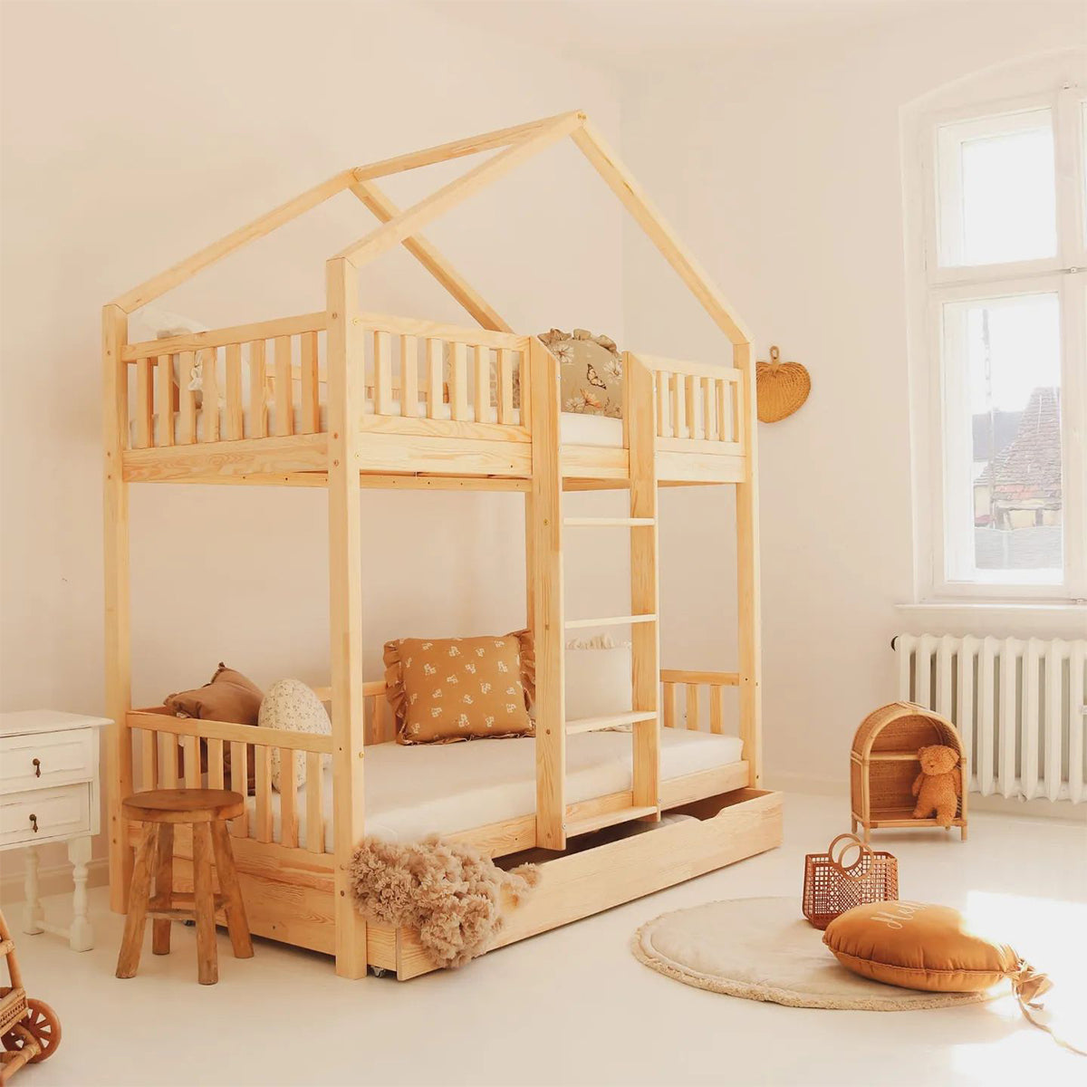 Lit cabane superposé 90x190 barrière sommier et tiroir inclus Roxane Bois - vue 4