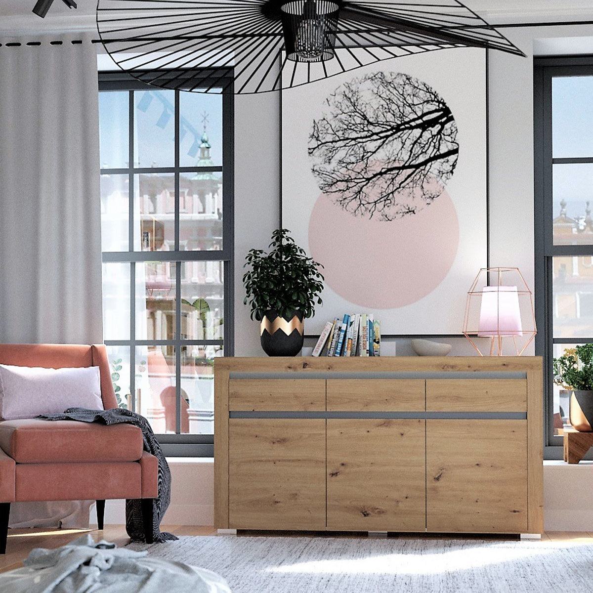 Buffet 3 portes 3 tiroirs LED inclus Kasla Bois et Anthracite - vue 2