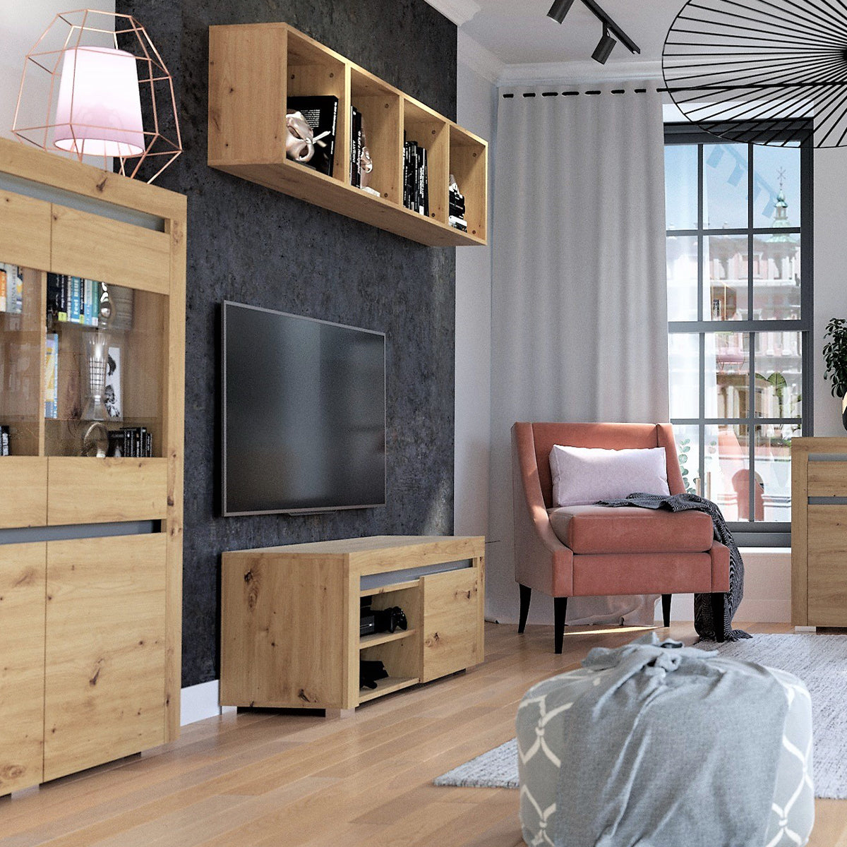 Meuble TV 1 porte 106 cm LED inclus Kasla Bois et Anthracite - vue 2