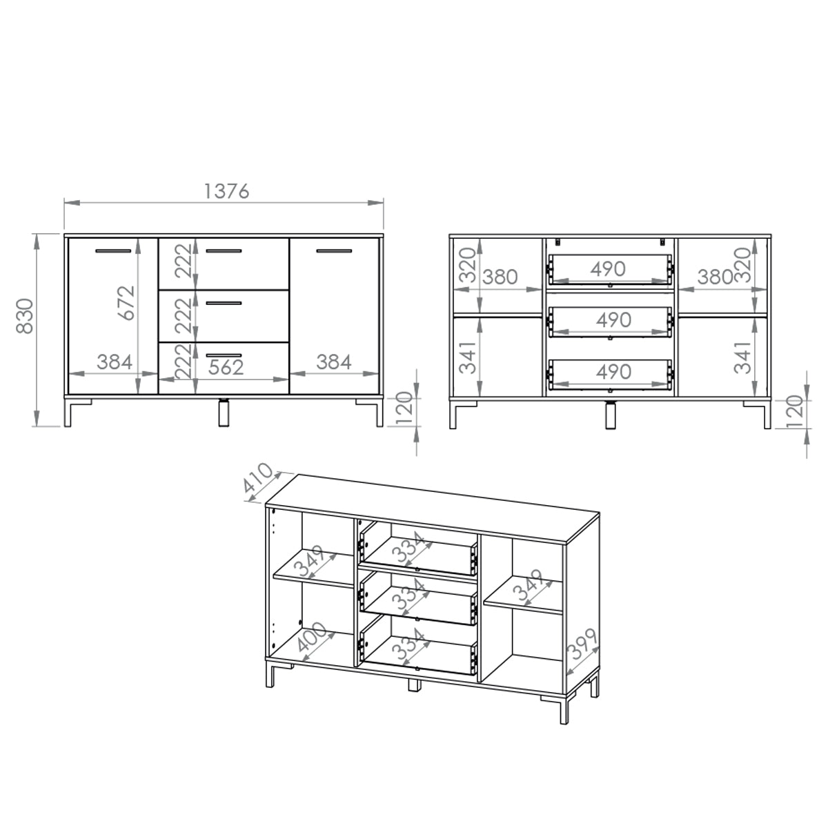 Buffet 2 portes 3 tiroirs 138 cm Liora Bois - vue 7