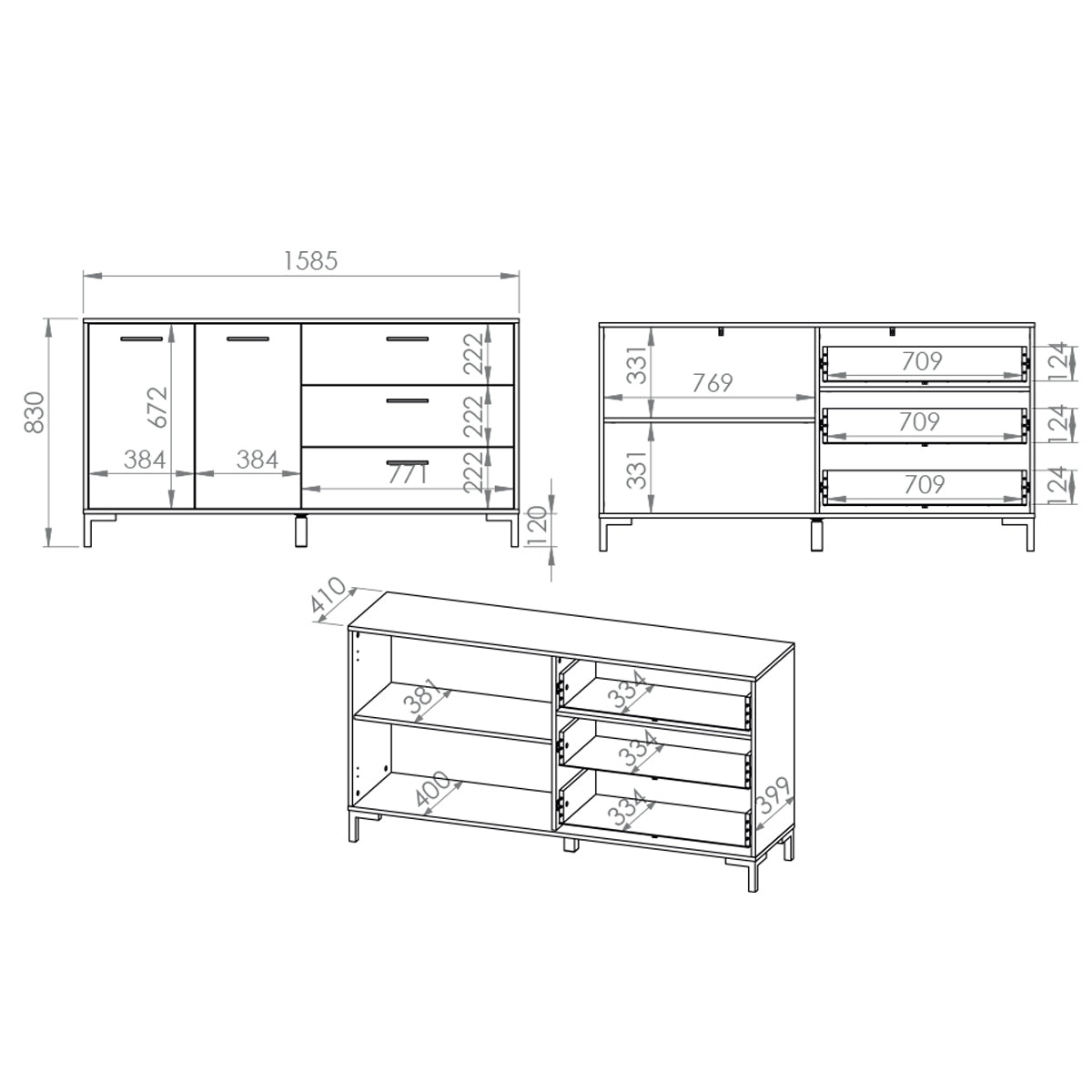 Buffet 2 portes 3 tiroirs 160 cm Liora Bois - vue 8