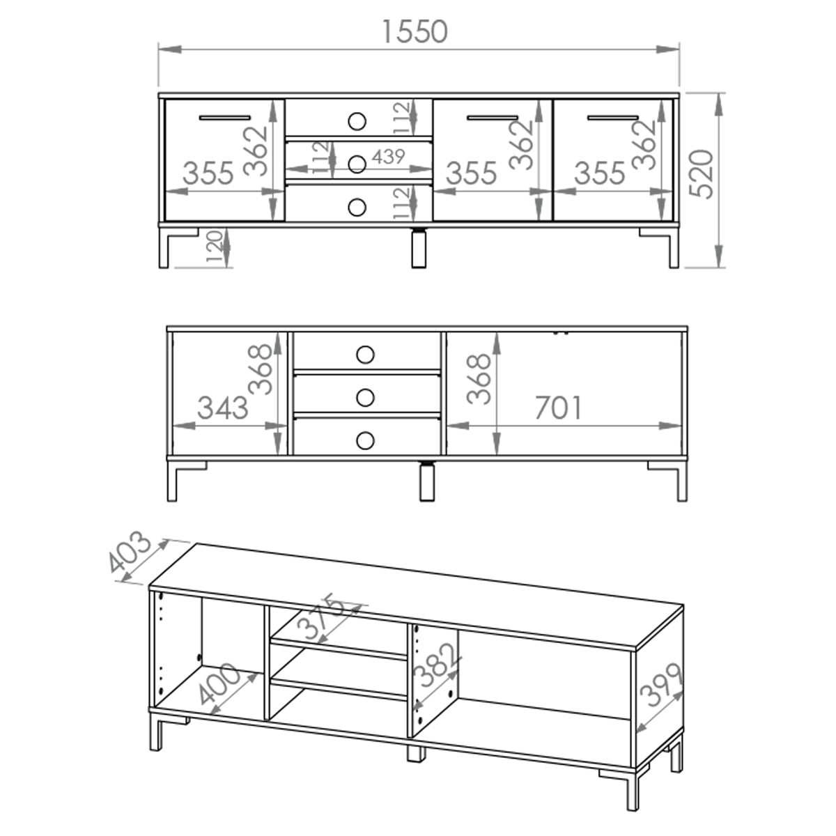 Meuble TV 3 portes 155 cm Liora Bois - vue 6