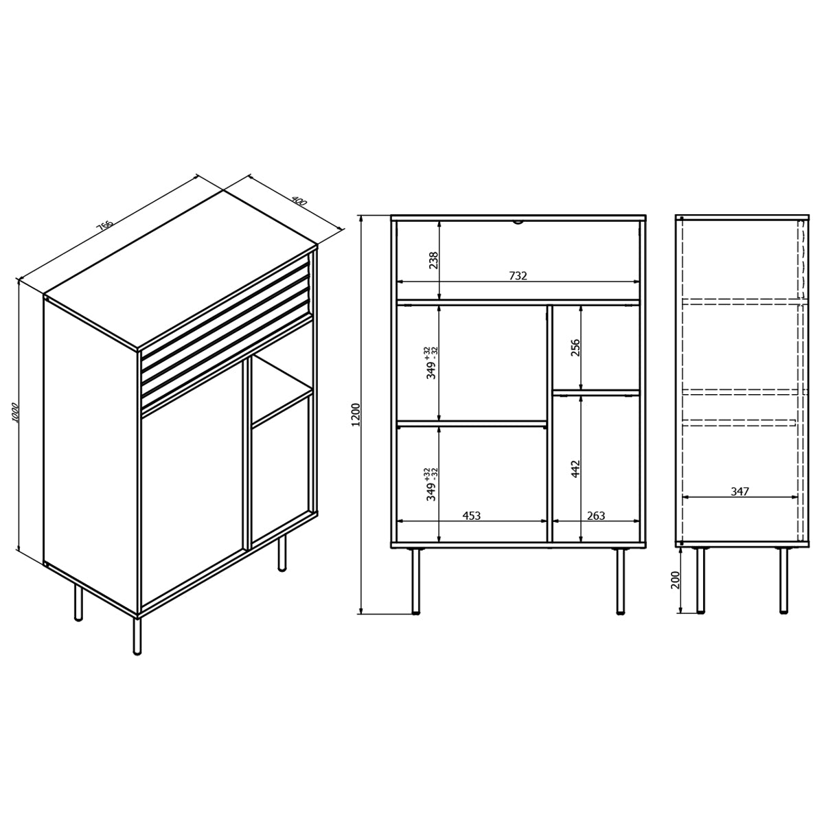 Buffet haut 3 portes Astra Bois et Noir - vue 4