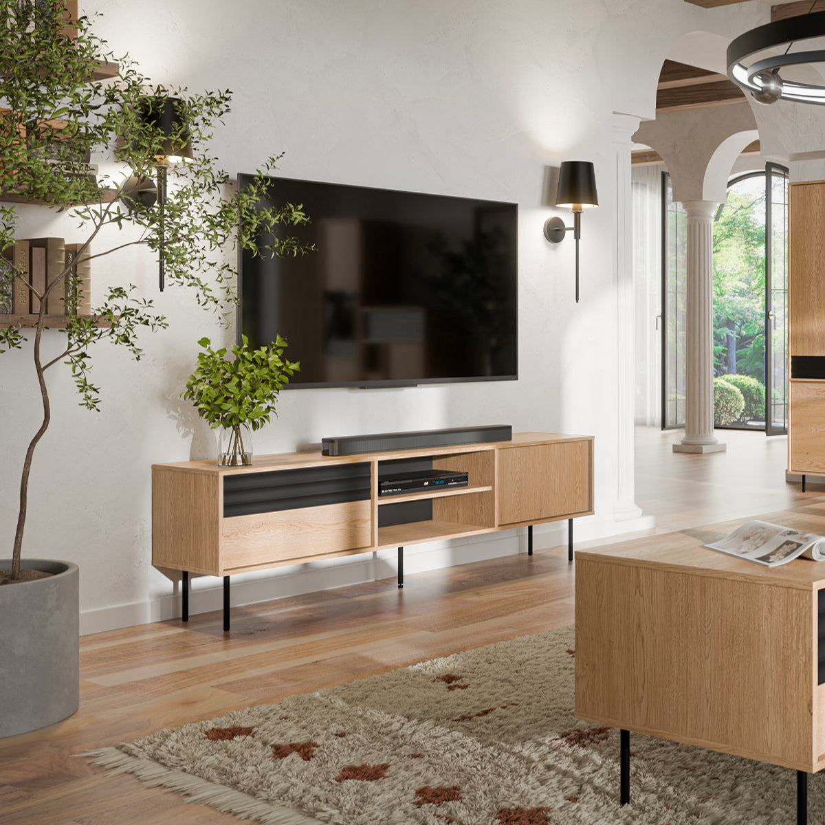 Meuble TV 2 portes 180 cm Astra Bois et Noir - vue 3