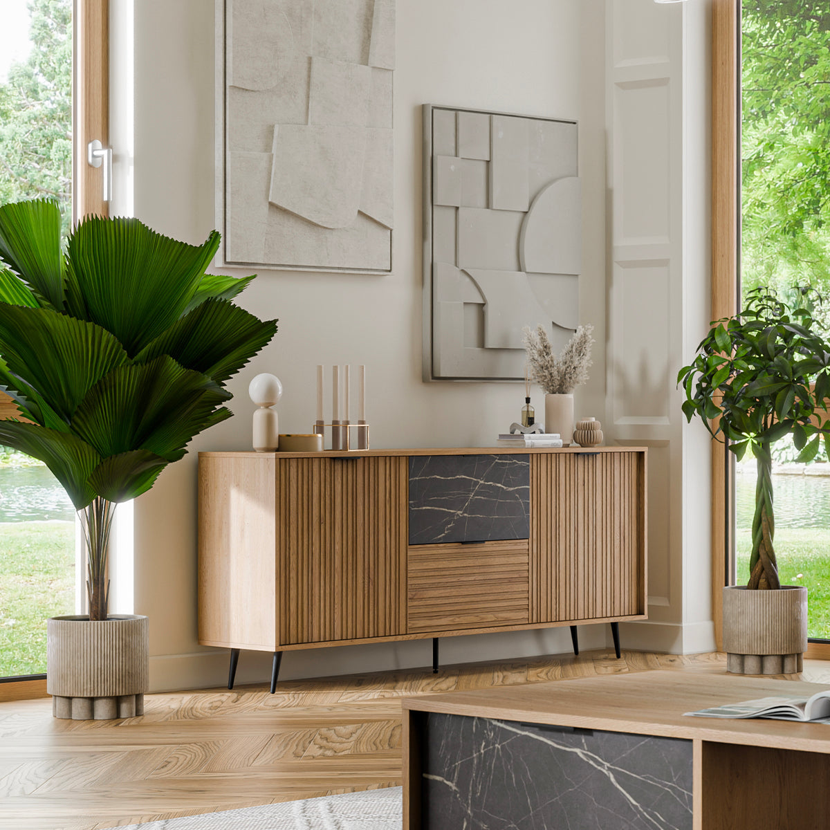 Buffet long 2 portes 2 tiroirs Luka Bois et Noir - vue 3