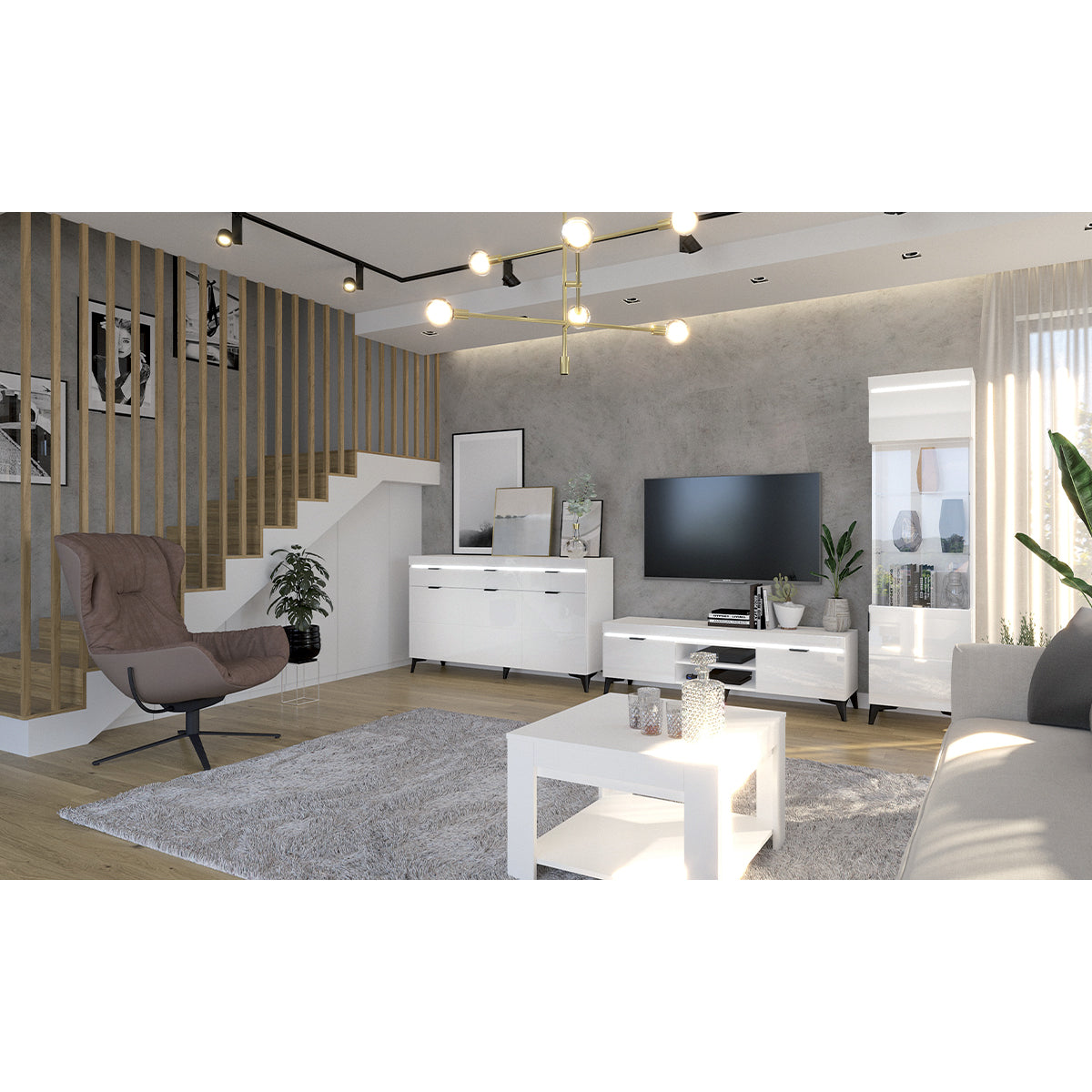 Meuble TV 2 portes 157 cm LED inclus Ruben Blanc - vue 4