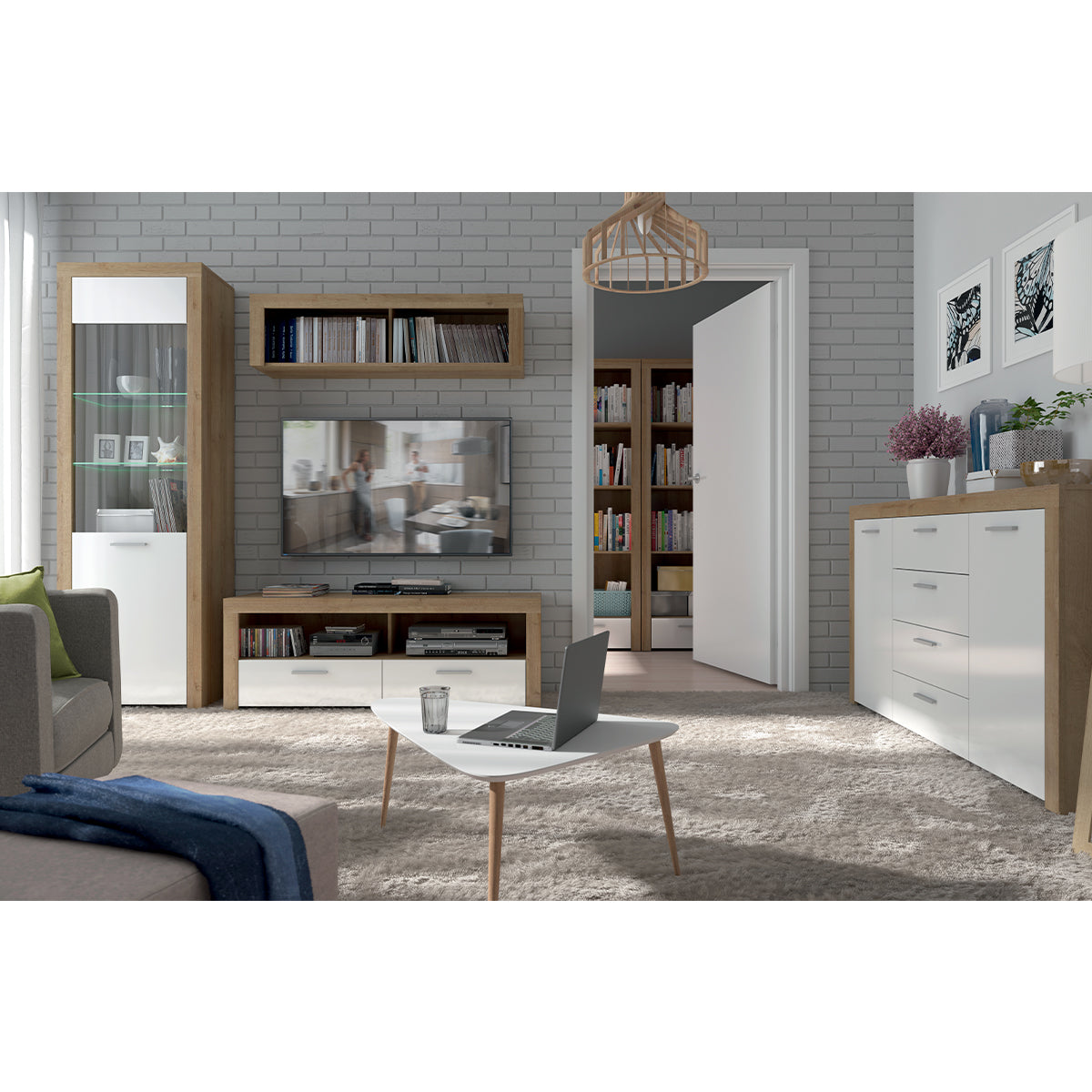 Buffet 2 portes 4 tiroirs Nora Blanc et Bois - vue 5