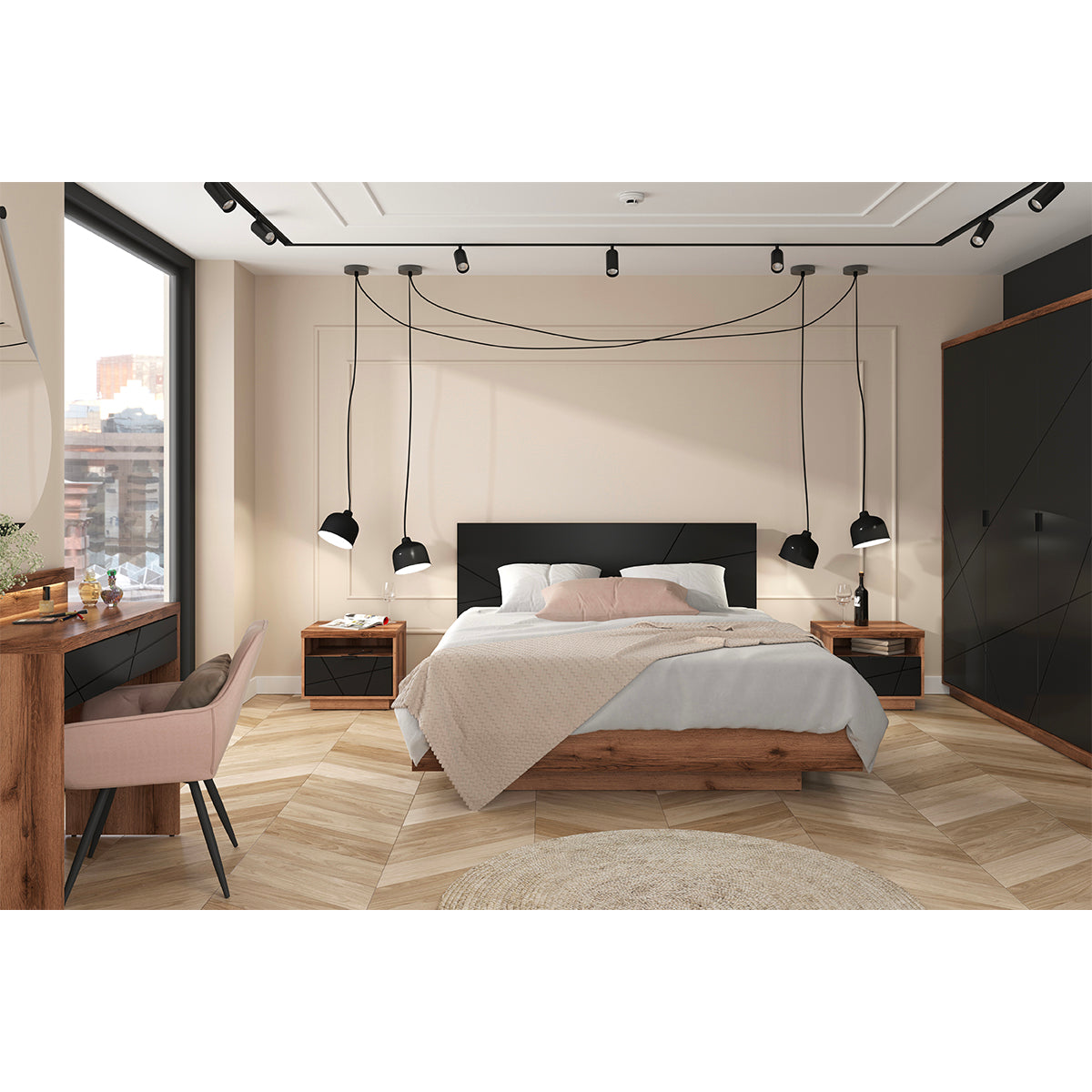 Lit coffre 160x200 sommier inclus Sven Noir et Bois - vue 7