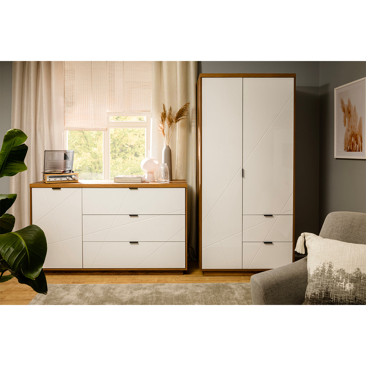 Armoire 2 portes 2 tiroirs Sven Blanc et Bois - vue 6