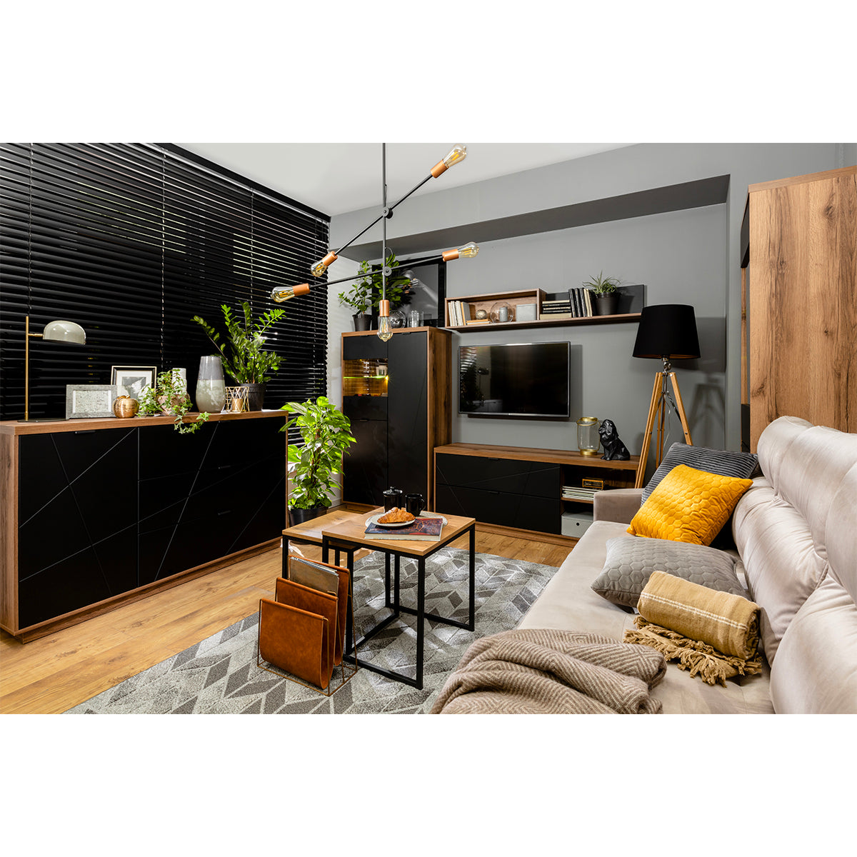 Meuble TV 2 tiroirs 2 niches 156 cm Sven Noir et Bois - vue 6