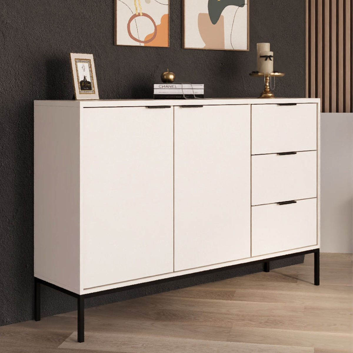 Buffet 2 portes 3 tiroirs Seattle Blanc Pieds noirs - vue 5