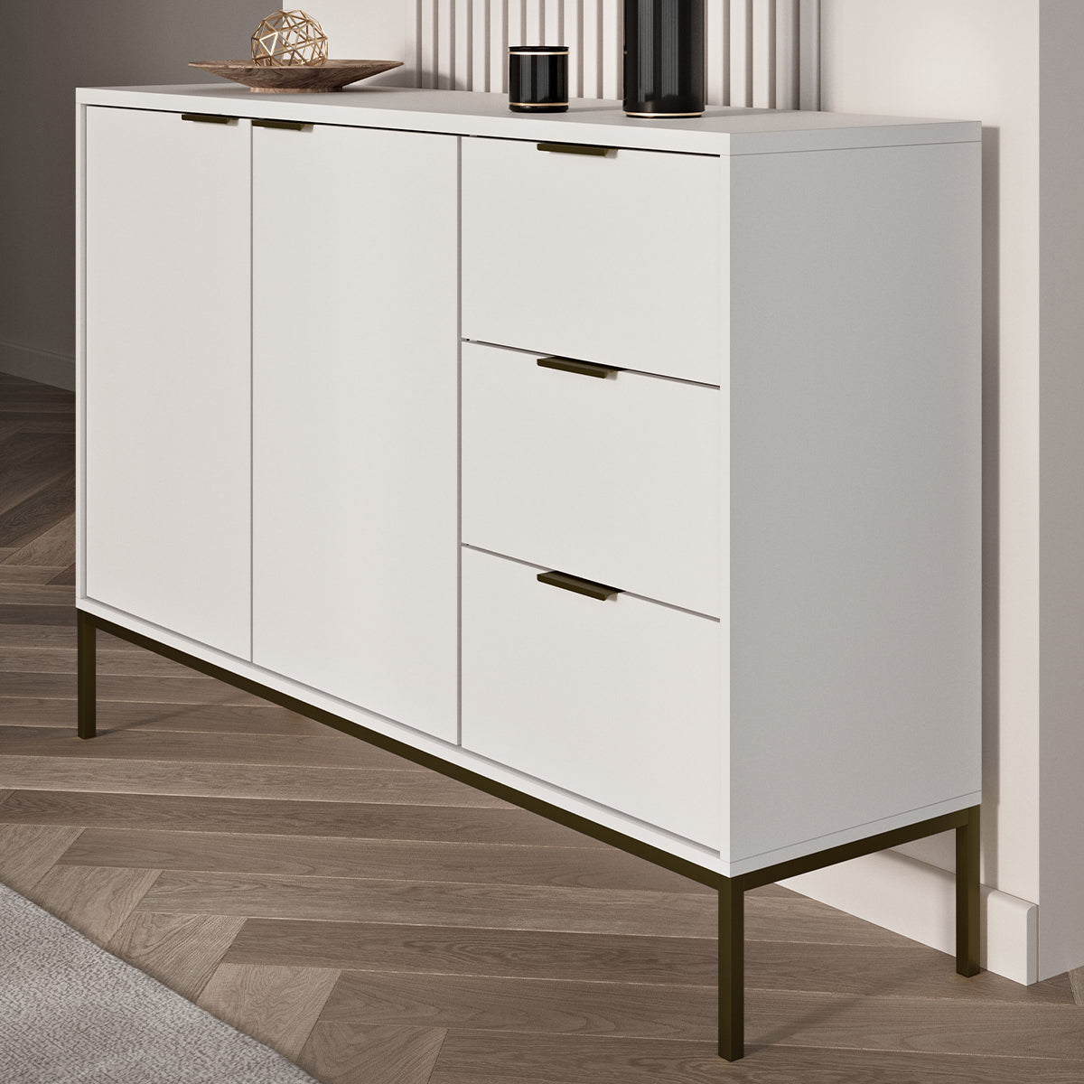 Buffet 2 portes 3 tiroirs Seattle Blanc Pieds noirs - vue 6
