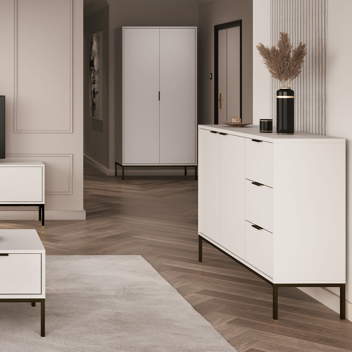 Buffet 2 portes 3 tiroirs Seattle Blanc Pieds noirs - vue 7
