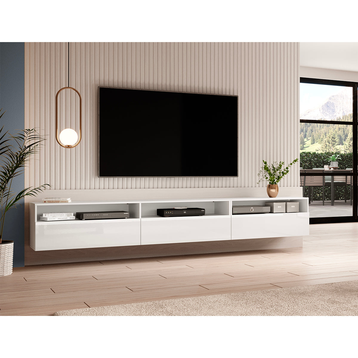 Meuble TV sur pied ou mural 1 tiroir 270 cm Sloan Blanc - vue 5