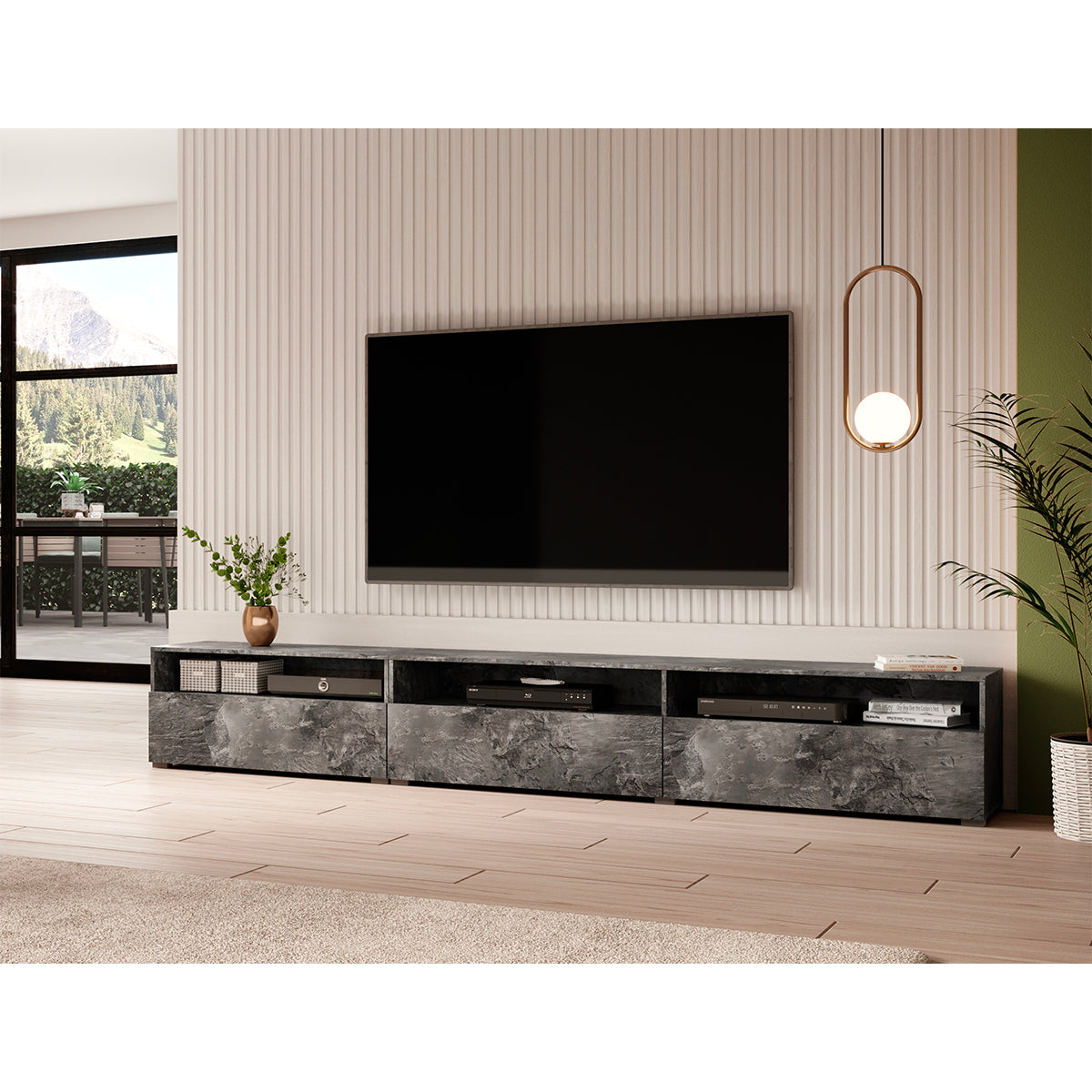 Meuble TV sur pied ou mural 1 tiroir 270 cm Sloan Béton foncé - vue 3