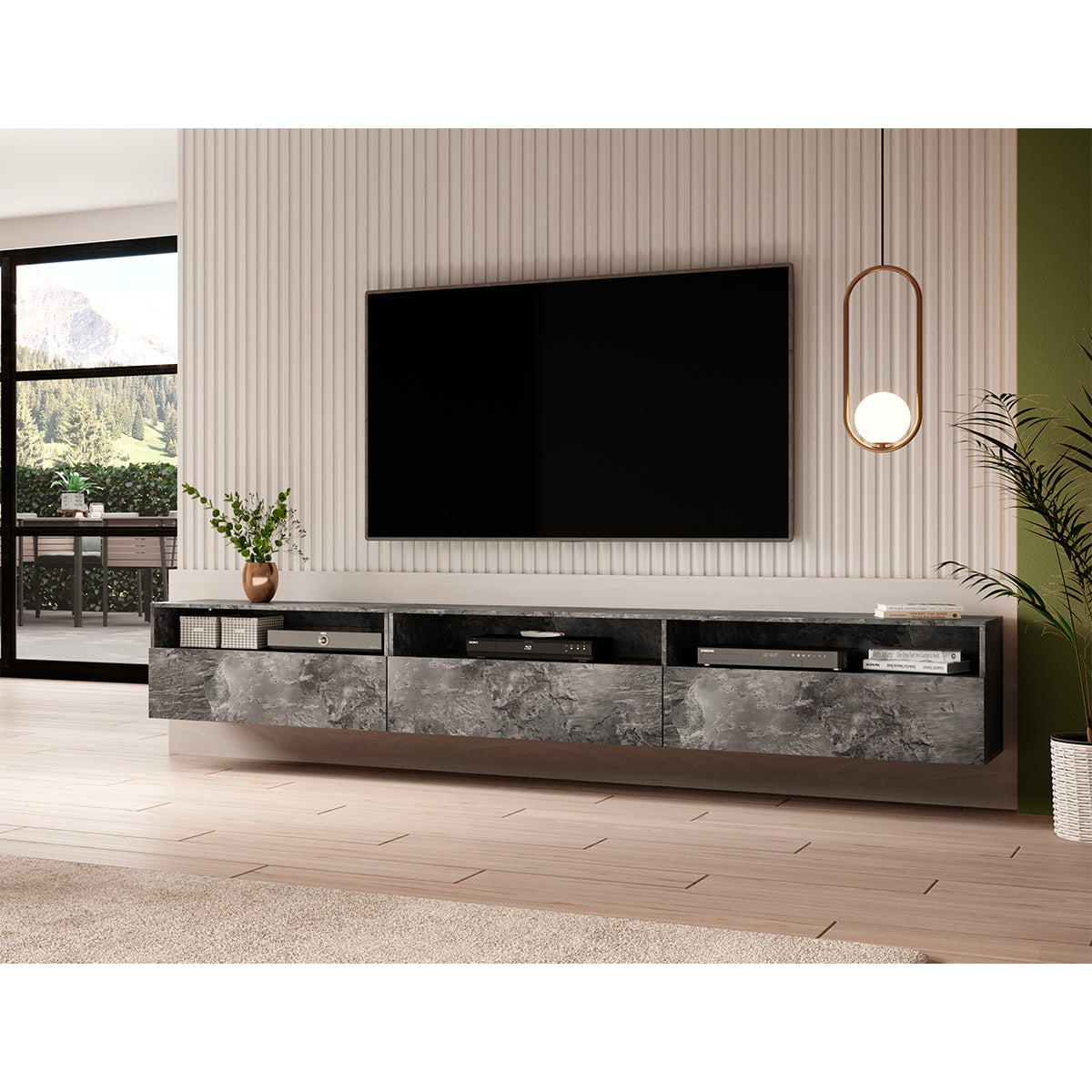 Meuble TV sur pied ou mural 1 tiroir 270 cm Sloan Béton foncé - vue 4