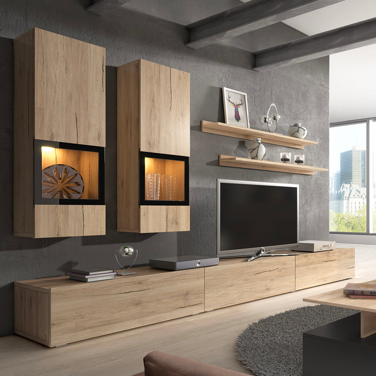 Mur TV 5 pièces avec LED Sloan Bois - vue 2