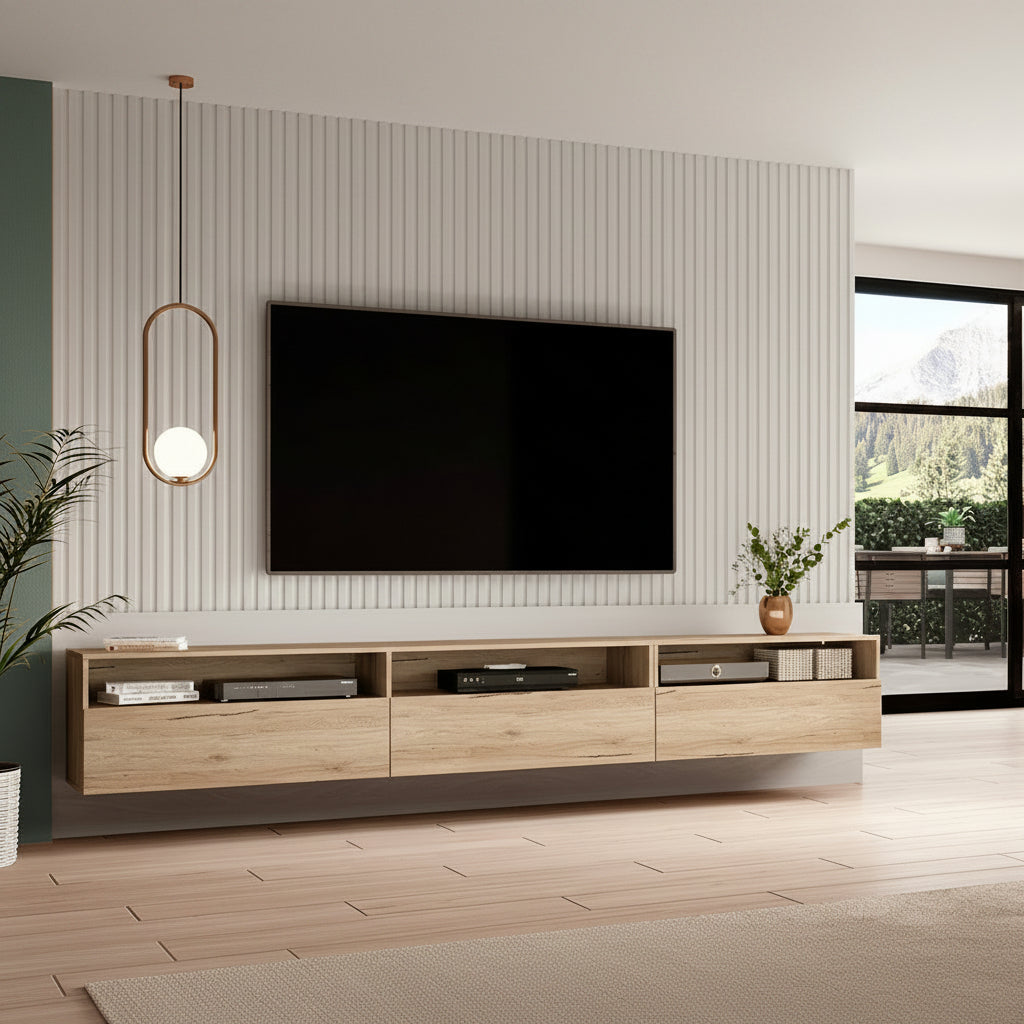 Meuble TV sur pied ou mural 1 tiroir 270 cm Sloan Bois - vue 4