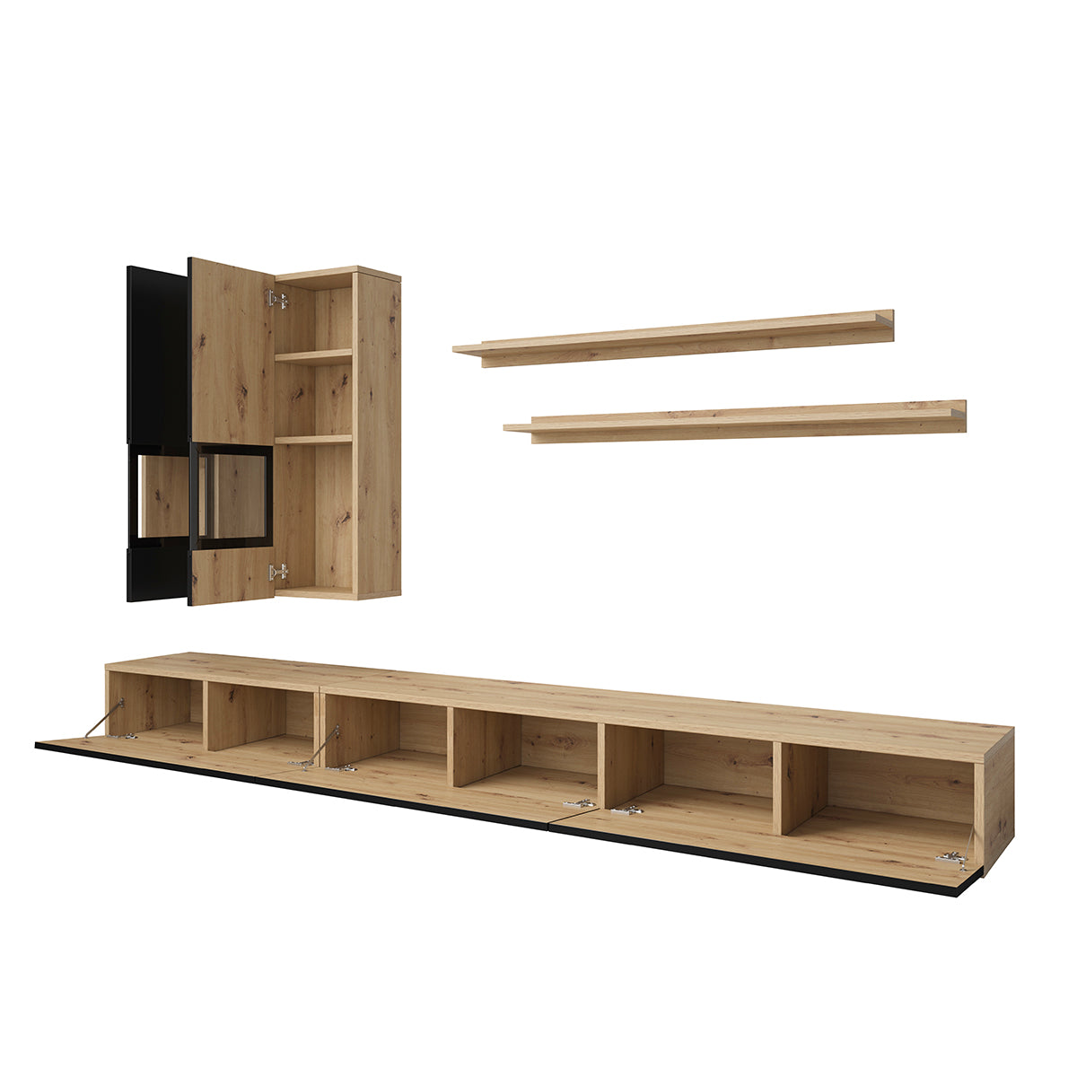 Mur TV 5 pièces avec LED Sloan Noir et Bois - vue 4