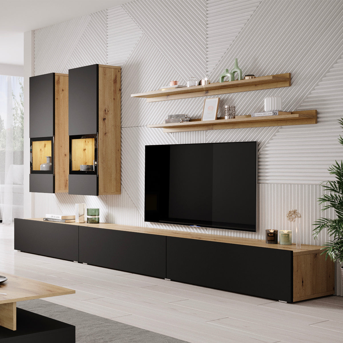 Mur TV 5 pièces avec LED Sloan Noir et Bois - vue 2