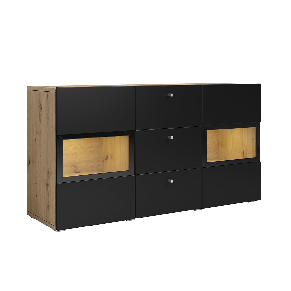 Buffet 2 portes 3 tiroirs avec LED Sloan Noir et Bois