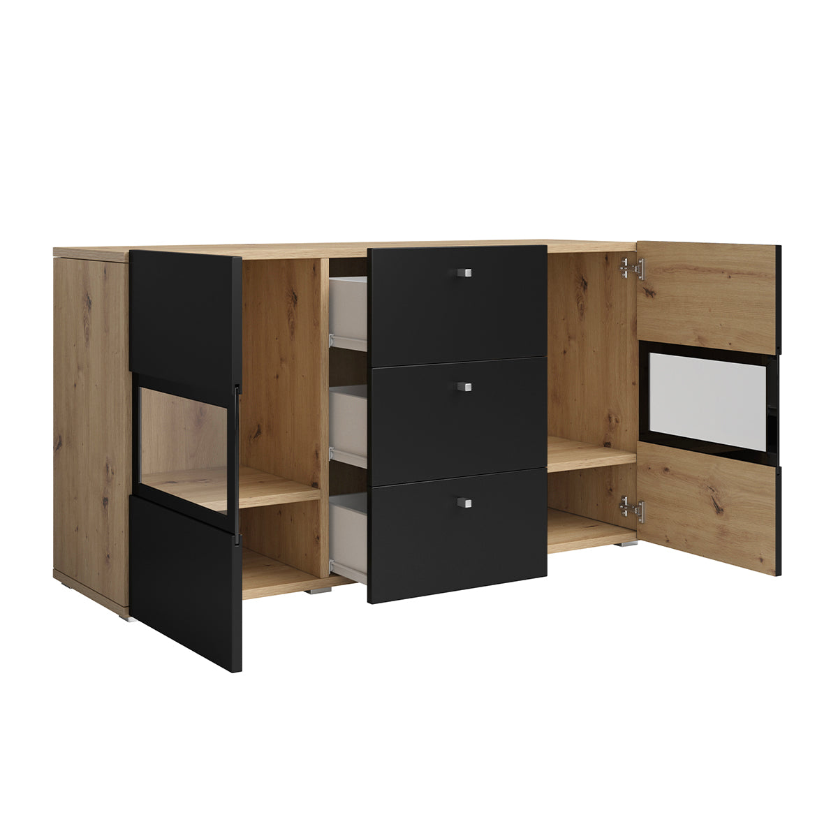 Buffet 2 portes 3 tiroirs avec LED Sloan Noir et Bois - vue 2