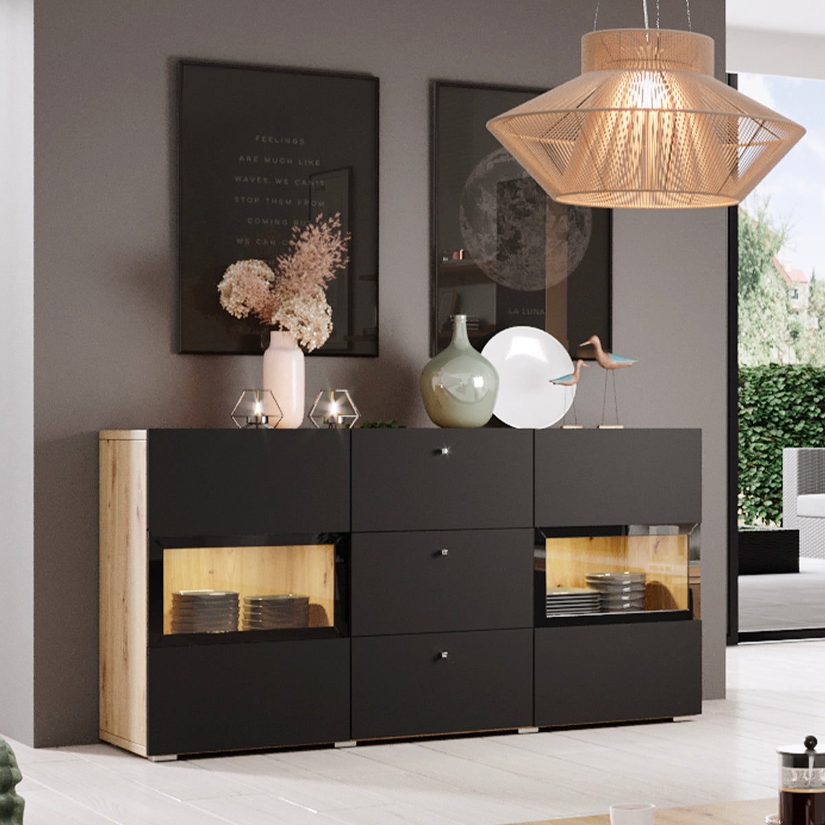 Buffet 2 portes 3 tiroirs avec LED Sloan Noir et Bois - vue 3