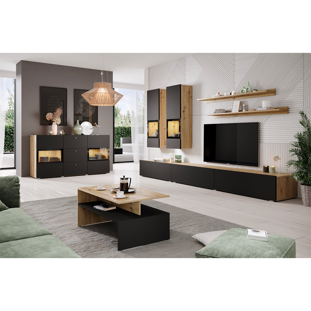 Buffet 2 portes 3 tiroirs avec LED Sloan Noir et Bois - vue 4