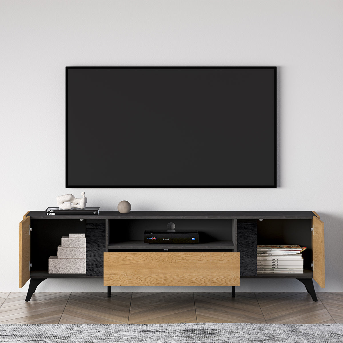Meuble TV 2 portes 180 cm Soah Bois et Noir - vue 5