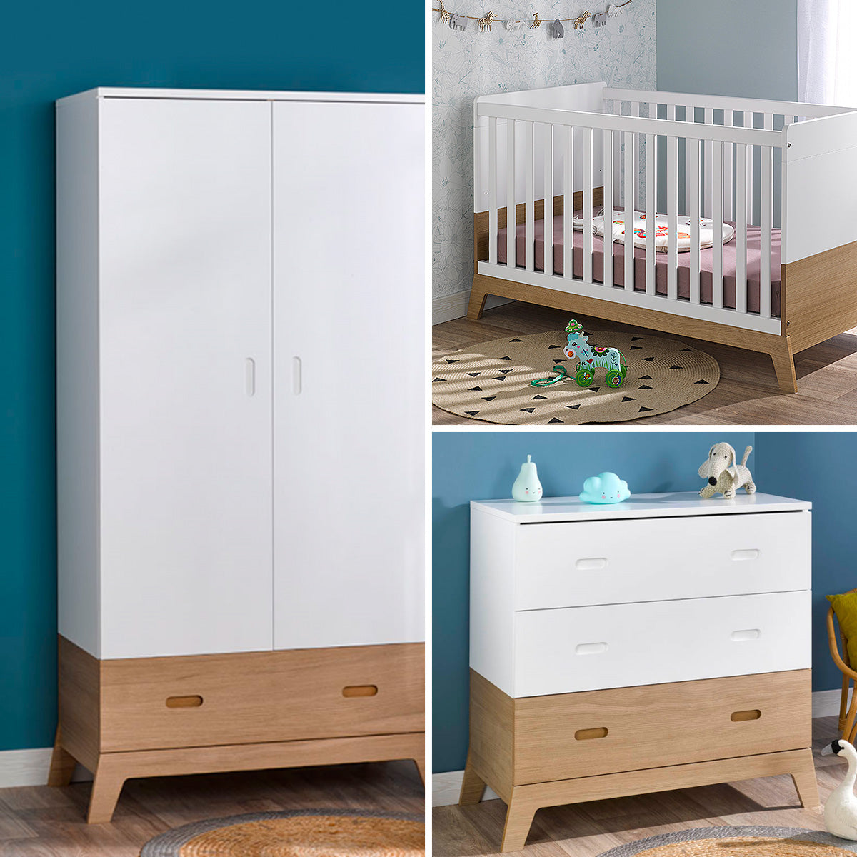 Chambre complète lit bébé évolutif - commode à langer - armoire Bébé Provence Archipel Blanc Chêne - vue 2