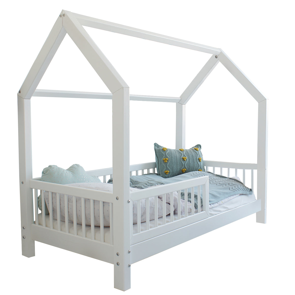 Lit cabane 90x200 barrière et sommier inclus pieds 10 cm Sofia Blanc - vue 2
