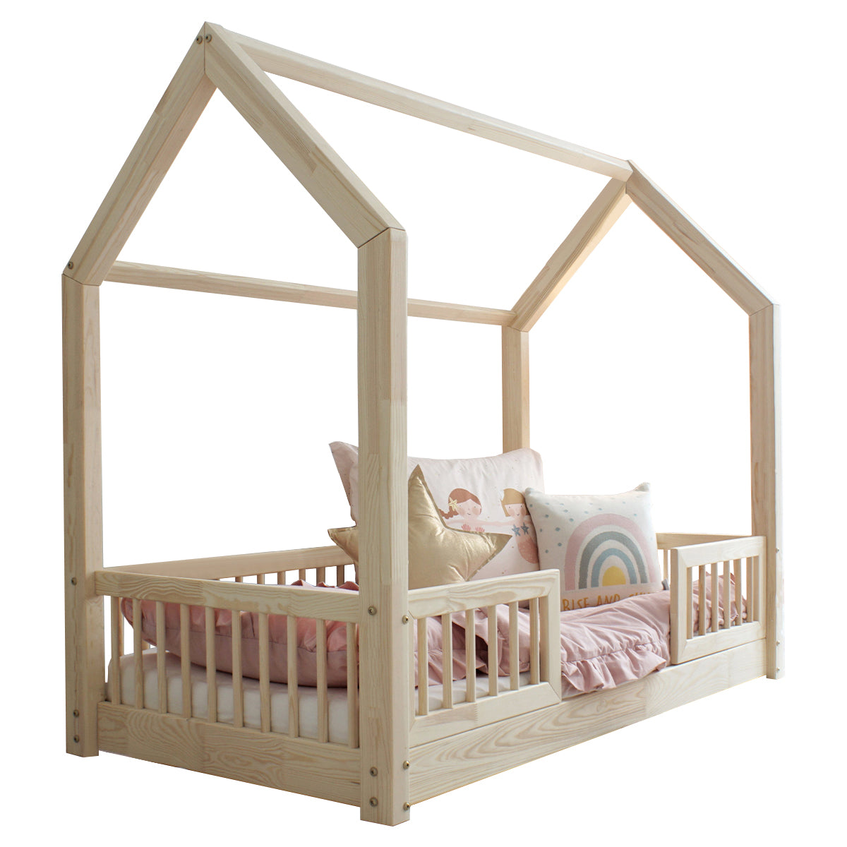 Lit cabane 80x160 barrières et sommier inclus pieds 1 cm Sofia Bois - vue 2